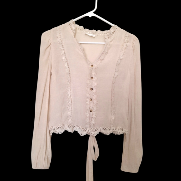 Blu Pepper Lace Trim Boho Tie Back Crop Blouse Cream Juniors Medium Cottagecore - Picture 2 of 5